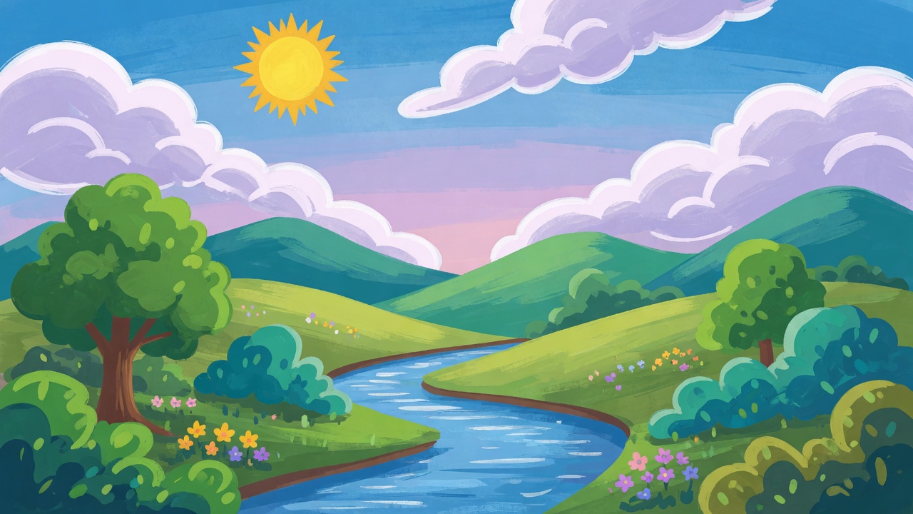 A green valley with a river winding between flowering hills under a bright sun