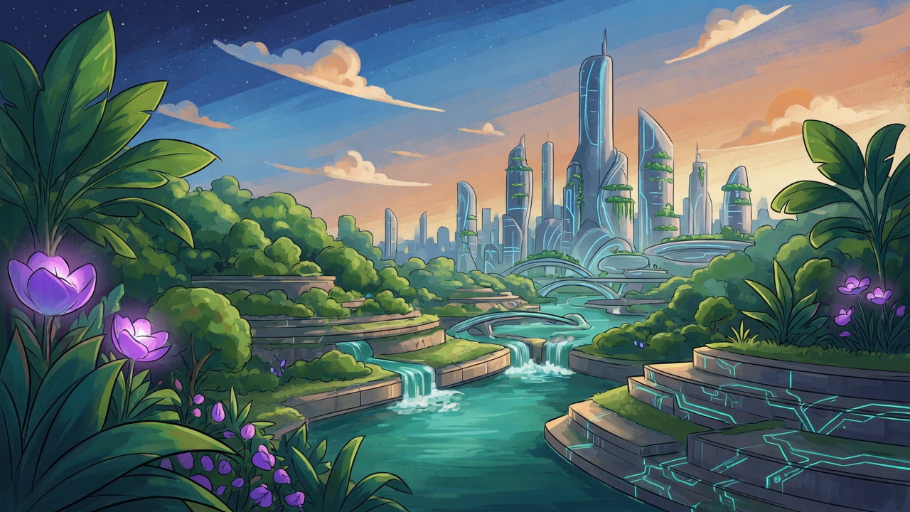 Terraced river gardens below a skyline of tall towers, stars showing at the top of the sky