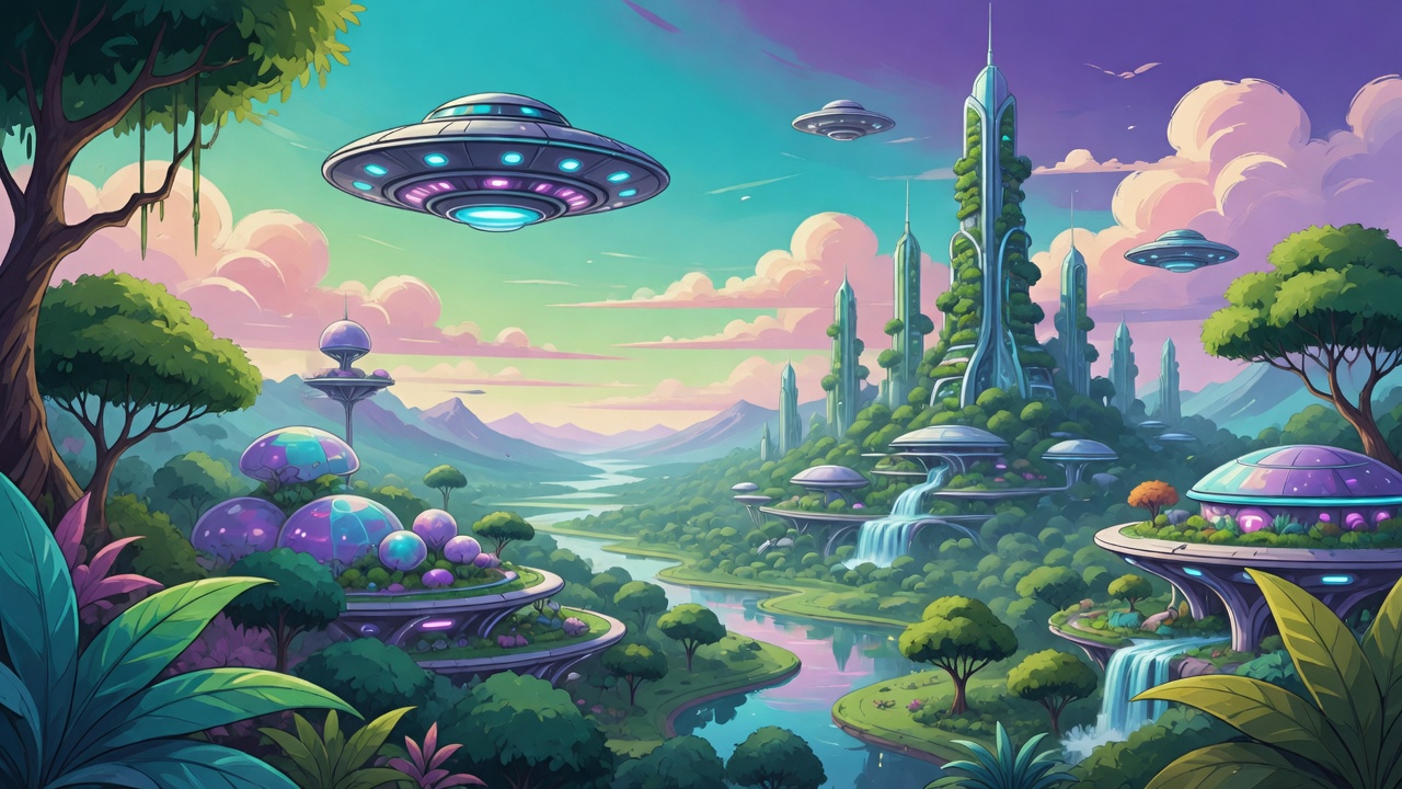 Flying saucers drifting above green spires and mushroom-shaped domes