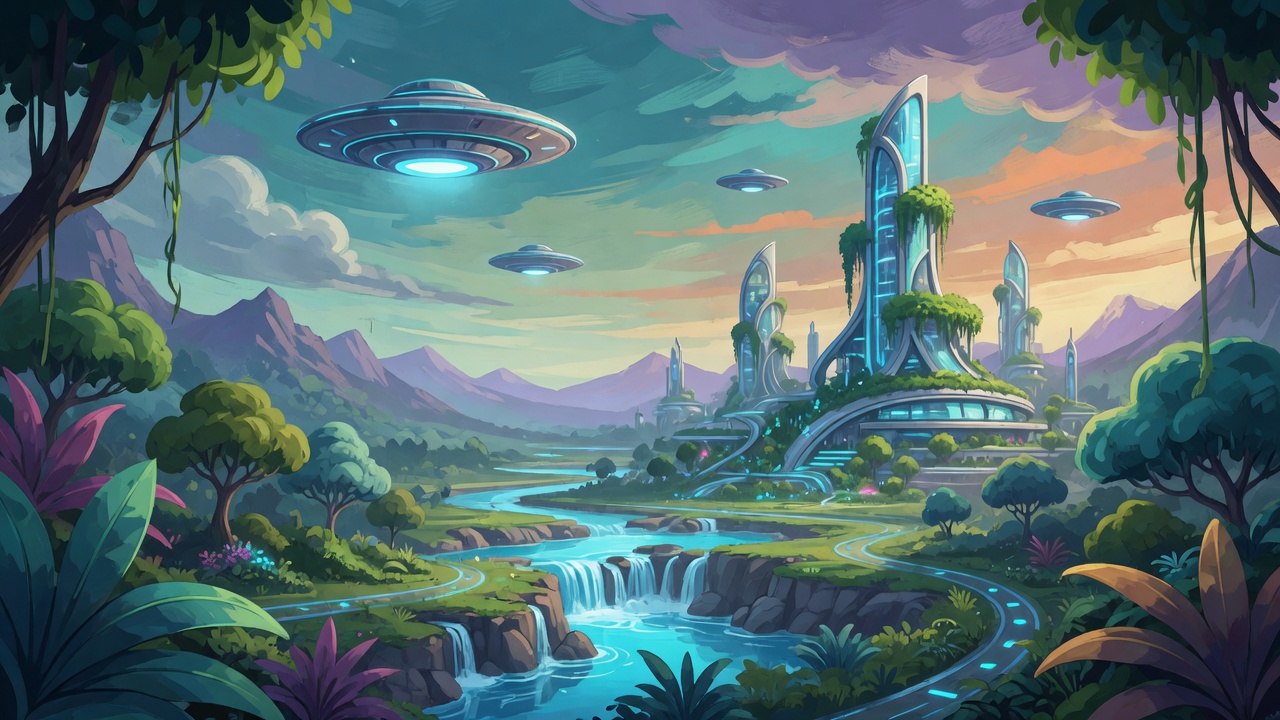 Saucers over a glowing river city ringed by mountains